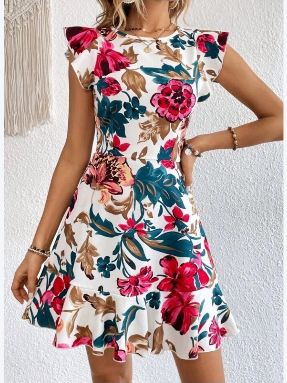 NWOT Floral Print Cap Sleeve Ruffle Trim Dress